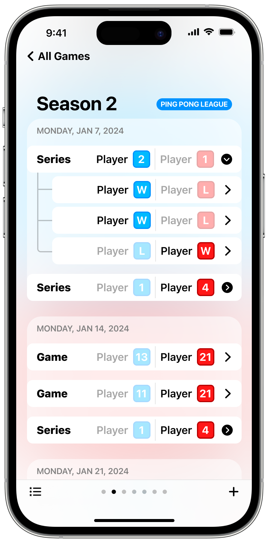 A list of games and series in a season of a league
