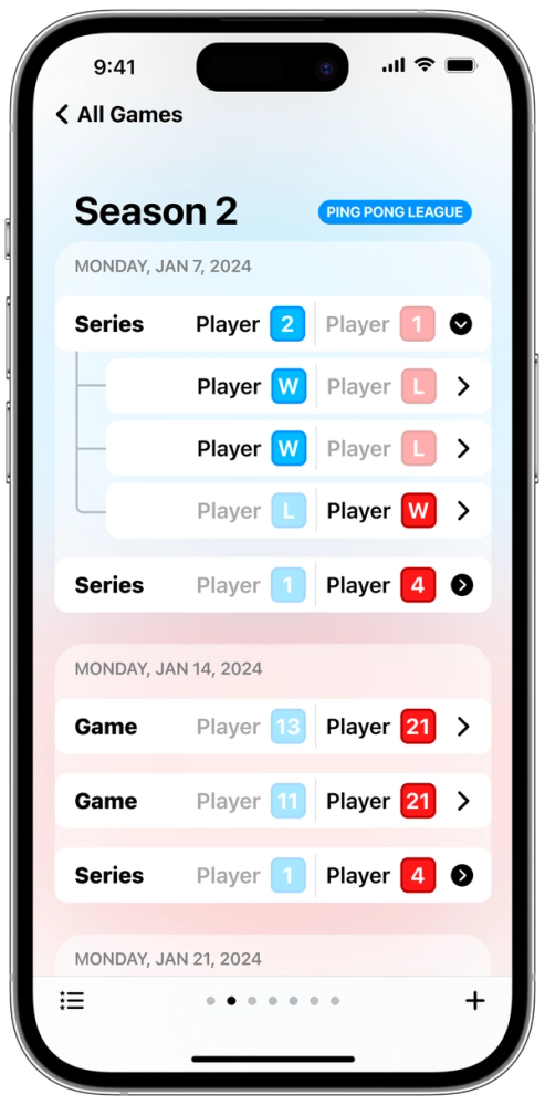 A list of games and series in a season of a league
