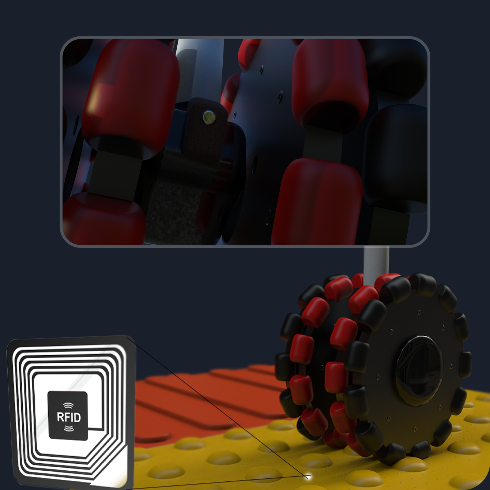 Our original idea was an omnidirectional-wheeled 'Omnicane' with a sensor to talk to the RFID pavement.