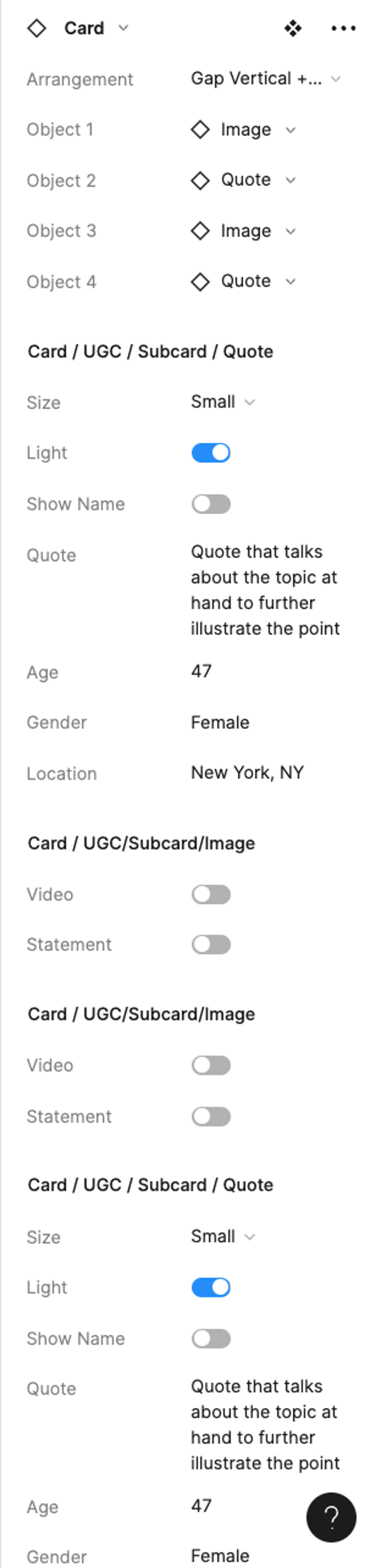 The Component Properties of each sub-card in use