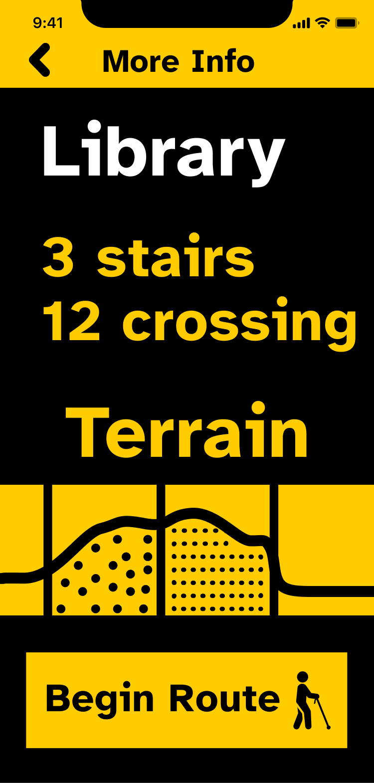 Sonification page with elevation, grade, and ground texture information. As you run your finger across the terrain graph, it plays a tone to indicate elevation and puts gaps in the tone based on the roughness of terrain.