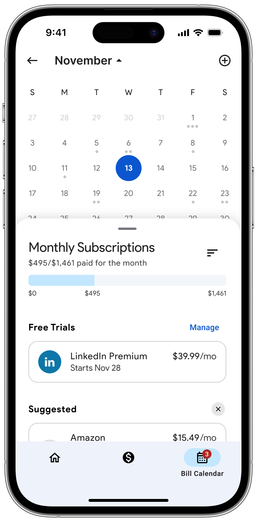 Upcoming Expenses, bills grouped into Free Trials, Suggested, Up Next, and Later