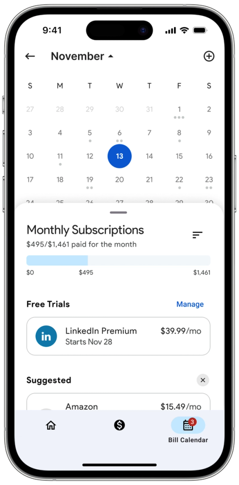 Upcoming Expenses, bills grouped into Free Trials, Suggested, Up Next, and Later
