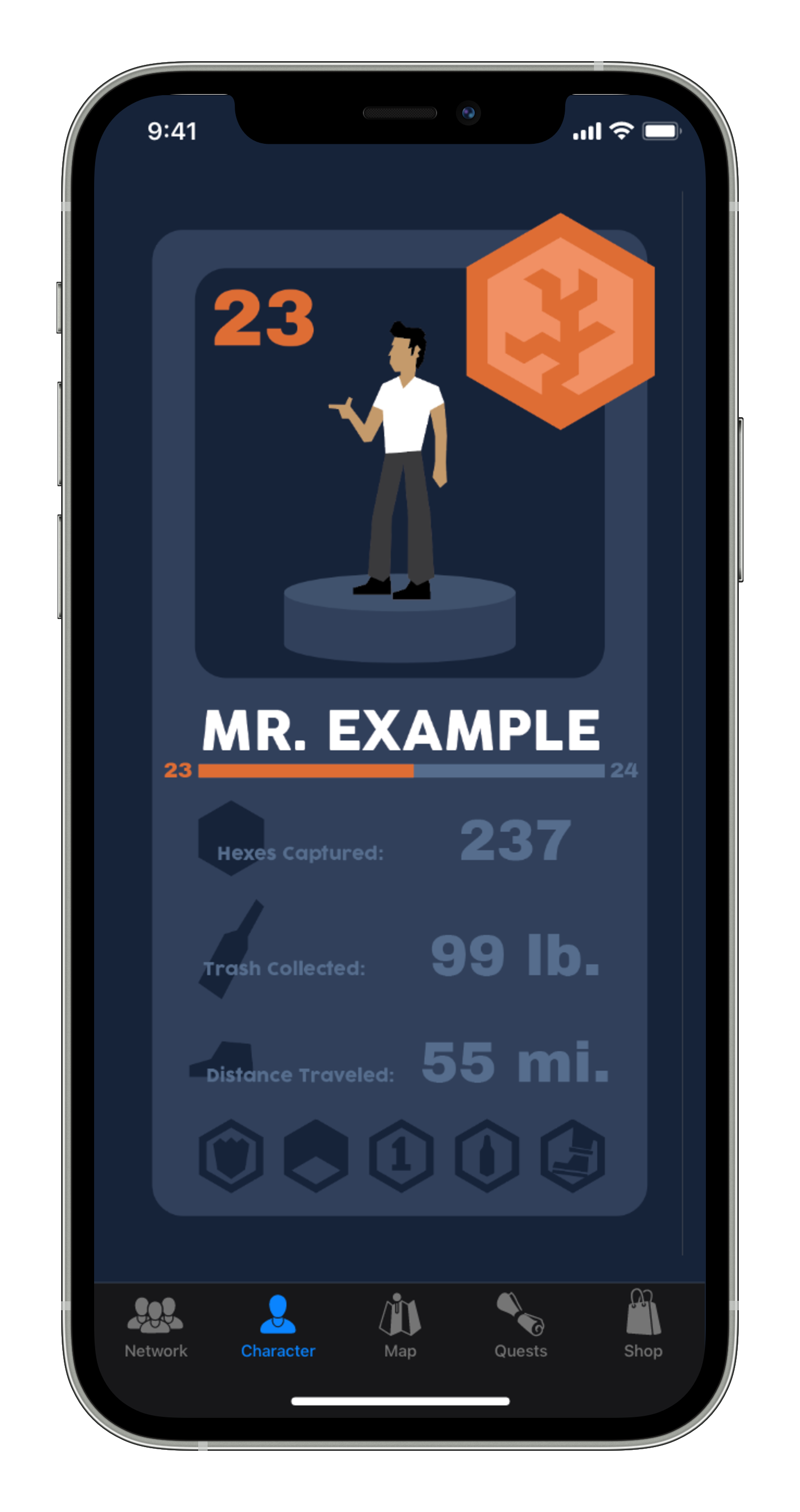 Character page with level, stats, and badges
