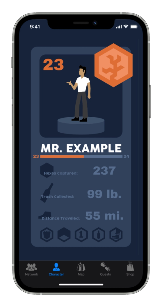 Character page with level, stats, and badges